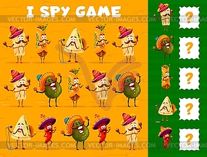 Cartoon mexican food characters, I spy game task - vector image