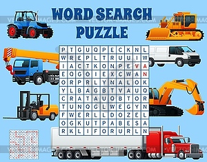 Construction machinery equipment word search game - vector clip art