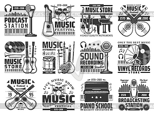 Music icons with instruments, microphones, vinyls - vector clip art