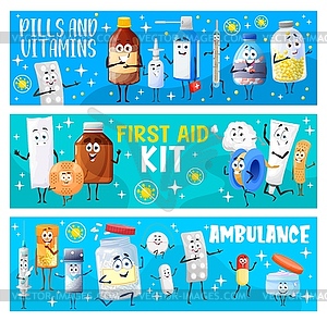 First aid kit, pills vitamins cartoon characters - vector image