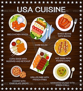 Страница меню блюд ресторана американской кухни - иллюстрация в векторном формате