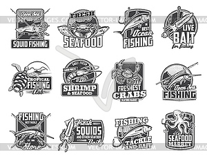 Sea fishing and seafood market icons set - vector clip art