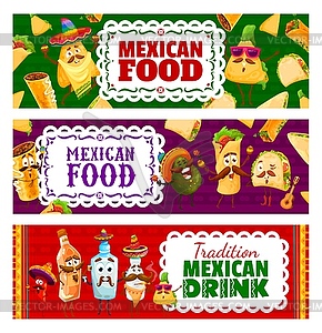 Cartoon mexican food and drinks characters banners - vector clipart / vector image