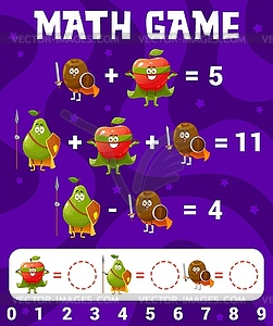 Cartoon apple, pear, kiwi fruits math game maze - vector clipart