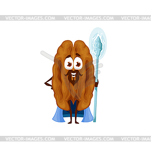 Cartoon pecan nut wizard or magician, magic staff - color vector clipart