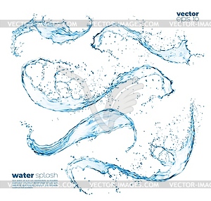 Blue water waves splash and flow shapes - vector clip art