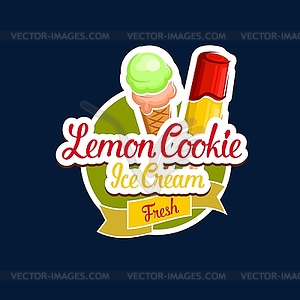 Lemon cookie ice cream icon of milk dessert - vector image