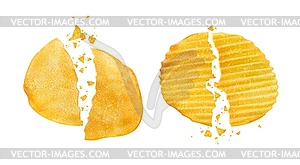 Cracked and broken potato chips with crumbs - vector clipart