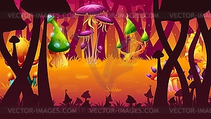 Magic mushrooms in fairy forest, game level scene - vector image