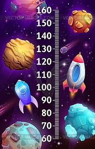 Galaxy space rockets, planets on kids height chart - vector image