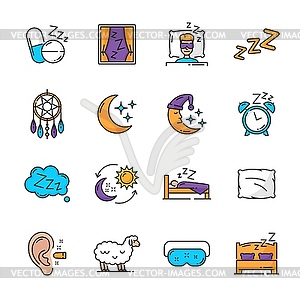 Color sleep icons, outline - vector clip art
