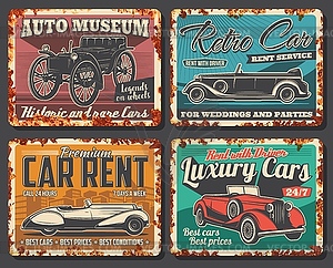 Rusty metal plate with vintage cars - vector image