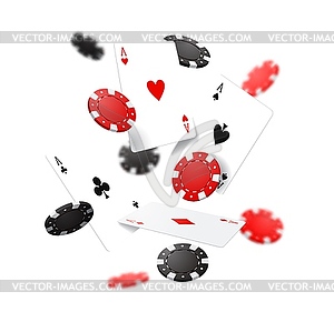 Flying poker cards and chips, casino gambling game - vector clipart