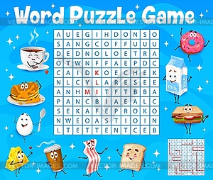 Cartoon breakfast characters word search puzzle - vector clipart