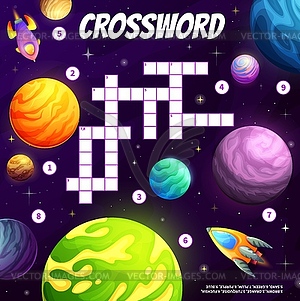 Crossword worksheet with space planets and rockets - vector clip art