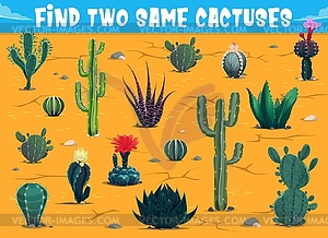 Find two same mexican cactuses kids game worksheet - vector clipart