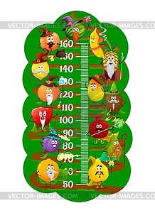 Cartoon fruit magician, wizard on kid height chart - vector clipart