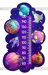 Kids height chart ruler with cartoon space planets - vector clipart