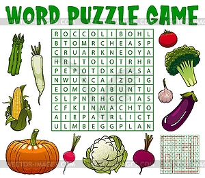 Cartoon raw vegetables word search puzzle game - royalty-free vector clipart