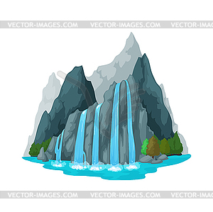 Mountain, green trees scenery. Cartoon waterfall - vector image