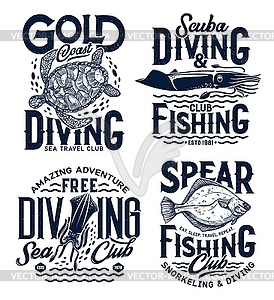 Sea diving, snorkeling and fishing t-shirt prints - vector clipart