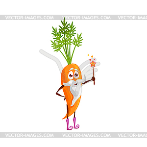 Cartoon carrot wizard character with magic wand - vector clipart