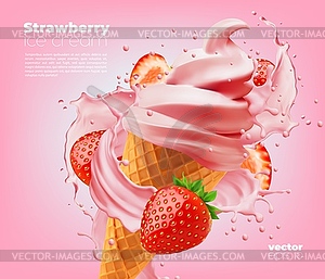 Soft strawberry ice cream cone with swirl splash - vector image