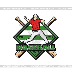 Baseball sport icon with pitcher and crossed bats - vector clip art