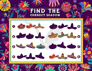 Find correct shadow of mexican sombrero kids game - vector image
