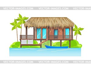 Bungalow exterior on island with parked boats - color vector clipart