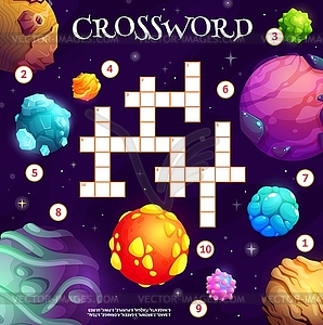 Cartoon space planets and stars, crossword grid - vector image