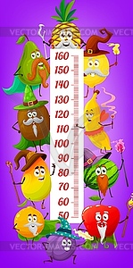 Kids height chart with cartoon fruit magicians - vector image