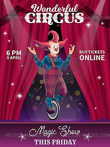 Shapito circus poster, cartoon clown on unicycle - vector clipart