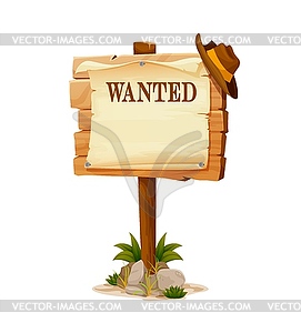 Wood sign, cartoon western wanted board, wild west - vector image