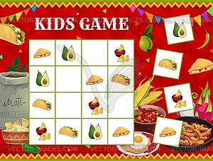 Sudoku game, Mexican cuisine meals, fruits, snacks - vector clip art