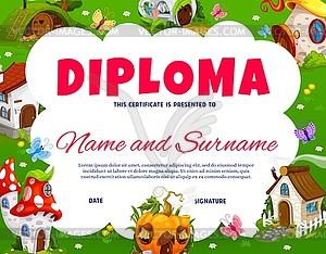 Kids diploma with fairy village of gnome houses - vector image