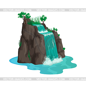 Cartoon water cascade. Waterfall grass and trees - vector clipart / vector image