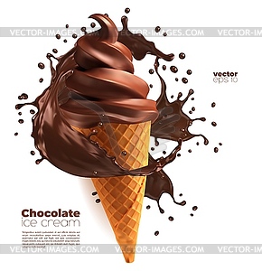Soft chocolate ice cream cone with swirl splash - vector clipart