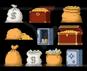 8 bit pixel money bag, golden coins treasure chest - color vector clipart