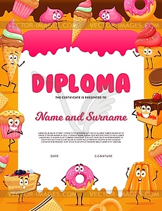 Kids diploma cartoon sweets, bakery and desserts - vector image