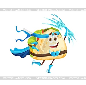 Cartoon tacos superhero character with thunderbolt - vector image