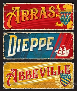 Arras, Dieppe, Abbeville French city travel plates - vector clip art