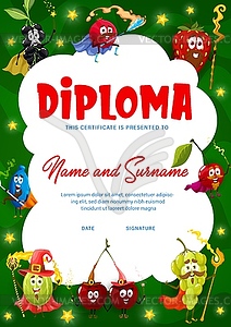 Kids diploma with cartoon berry wizard characters - vector image