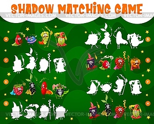 Shadow match kids game with cartoon berry wizard - vector image