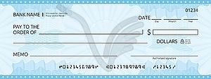 Blank bank check, checkbook cheque, blue template - vector image