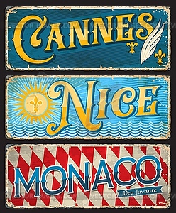 Cannes, Nice, Monaco, French city travel stickers - vector image