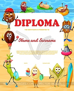 Kids diploma with funny nut characters on vacation - vector EPS clipart