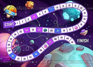 Kids board game, cartoon spacecraft, UFO starship - vector image