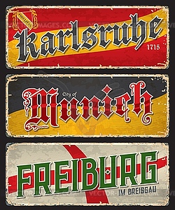 Karlsruhe, Munich and Freiburg city travel plates - vector image