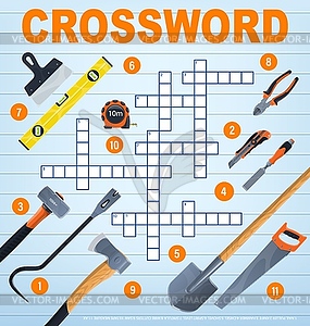 DIY repair tools, crossword grid, find word quiz - vector clipart